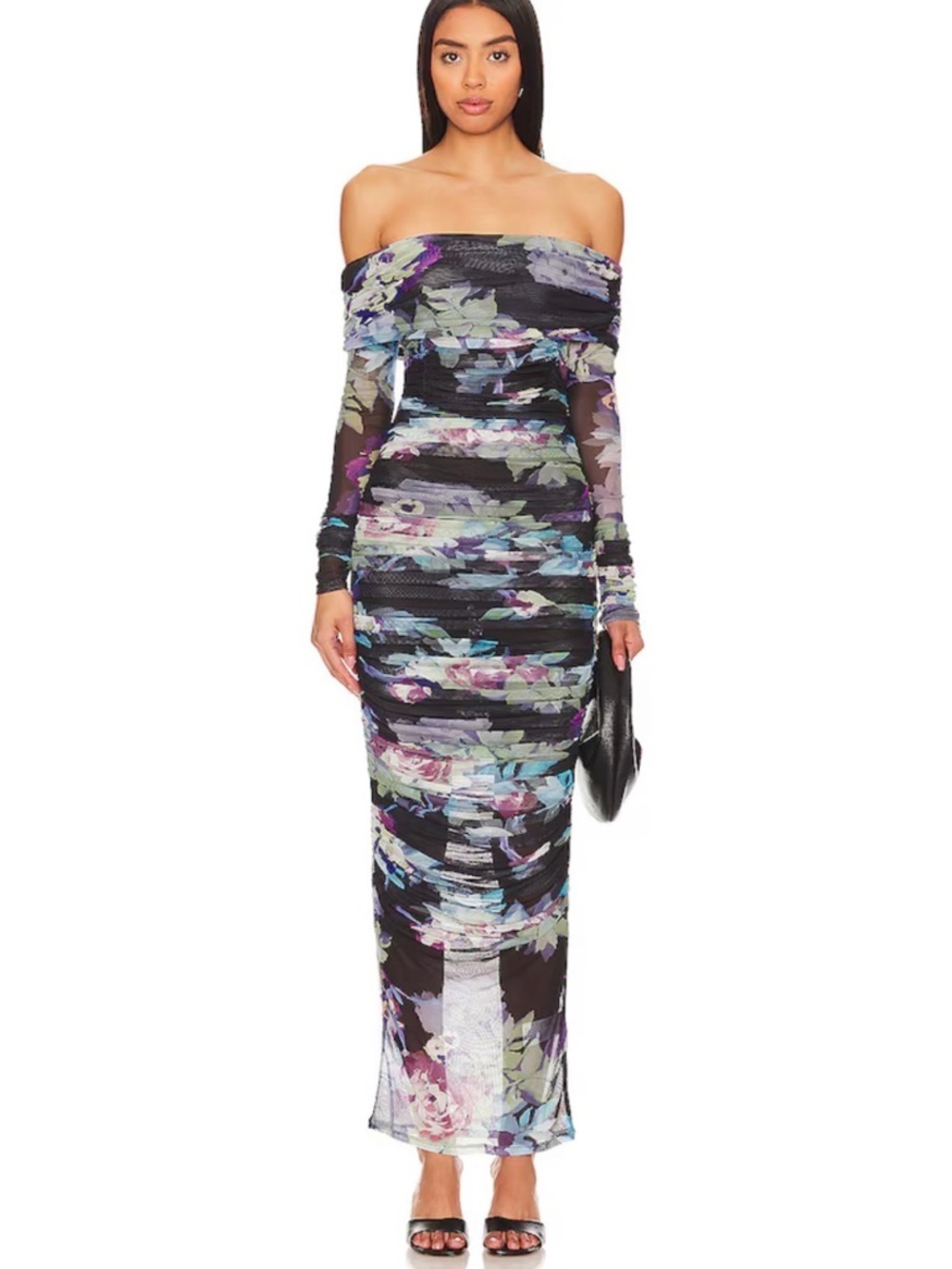 NICHOLAS Oaklyn Off Shoulder Shirred Midi Dress in Antique Floral Black